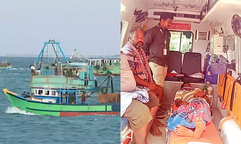 படுகாயம் அடைந்த மீனவர்களை மருத்துவமனைக்கு அழைத்து சென்றபோது எடுத்தபடம்.