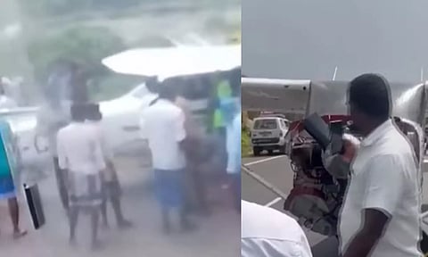 புதுக்கோட்டை - திருச்சி நெடுஞ்சாலையில் தரையிறங்கிய விமானத்தால் பரபரப்பு