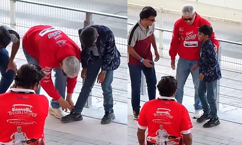 ரேஸ் களத்தில் நெகிழ்ச்சி..! குட்டி ரசிகருக்கு ஷூ லேஸ் கட்டிவிட்ட அஜித் - வைரலாகும் க்யூட் வீடியோ