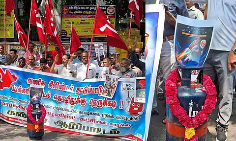 Gas Shortage | மத்திய அரசை கண்டித்து காலி சிலிண்டருக்கு மாலை அணிவித்து சிபிஎம் ஆர்ப்பாட்டம்