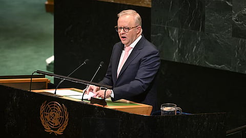 Anthony Albanese speaking in the UN General Assembly hall