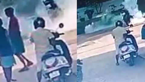പെട്രോൾ അടിച്ച ശേഷം സ്റ്റാർട്ടാക്കിയ ബൈക്കിന് തീപിടിച്ചു; ദുരന്തം ഒഴിവായത് ജീവനക്കാരന്‍റെ ഇടപെടലിൽ