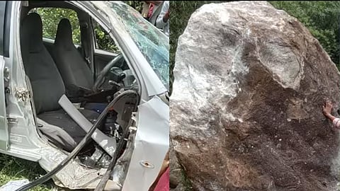 മലമുകളിൽ നിന്ന് ഉരുണ്ടുവന്ന കൂറ്റൻപാറ കാറിലിടിച്ച് ഡ്രൈവർക്ക് പരിക്ക്