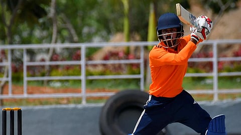 South Zone opener Rohan Kunnummal square cuts a ball in Deodhar Trophy final against East Zone in Puducherry on Thursday, August 3.