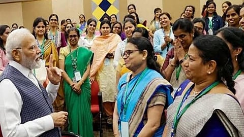 Prime Minister Narendra Modi speaking to women MPs at Parliament on Tuesday.