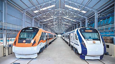 New Vande Bharat semi highspeed trains getting final touches in Chennai Integral coach factory.