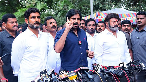 Jana Sena Party Chief K. Pawan Kalyan speaks in a press meet along with TDP leader Nara Lokesh and Nandamuri Balakrishna Rajamundry Central Prison on September 14