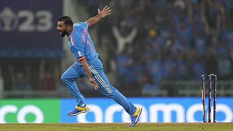 Mohammed Shami takes of in celebration after dismantling English batting line up.