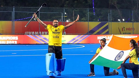 PR Sreejesh celebrates after ensuring gold for India in Asian Games hockey.