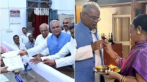 ഭൂപേഷ് ബഘേൽ നാമനിർദേശ പത്രിക സമർപ്പിക്കുന്നു, ബഘേൽ ഭാര്യ മുക്തേശ്വരിക്കൊപ്പം.