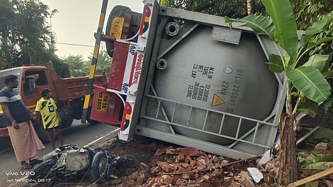 Scooter passenger dies after cement truck overturns in thrissur