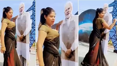 woman hugs and perform vulgar dance with pm modi cut out