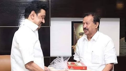 DMK leader K Ponmudi with Chief Minister MK Stalin