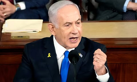The Israeli prime minister, Benjamin Netanyahu, addresses a joint meeting of Congress in Washington DC on Wednesday. Photograph: Kent Nishimura/Getty Images