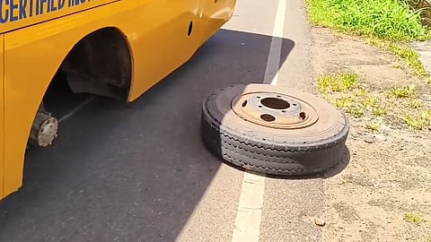 school bus rear wheel breaks off mid way