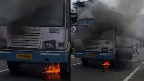 ksrtc bus caught fire at kollam