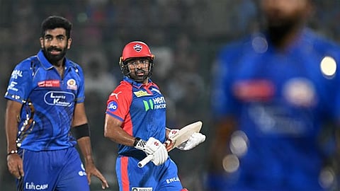 Jasprit Bumrah and Karun Nair during an IPL 2025 match between MI and DC