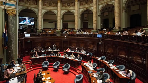 Sen. Ope Pasquet speaks on a bill to legalize euthanasia, which was approved by the lower house, in Montevideo, Uruguay, Wednesday, Oct. 15, 2025.