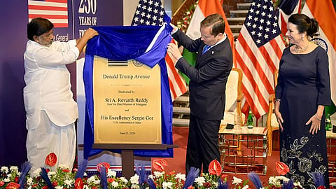 Telangana Deputy Chief Minister Mallu Bhatti Wickramaraksa and US Ambassador to India Sergio Gore unveil the road naming ceremony for Donald Trump Avenue
