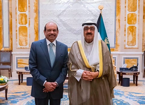 M.A. Yusuf Ali with the Emir of Kuwait, Sheikh Mishaal Al-Ahmad Al-Jaber Al-Sabah