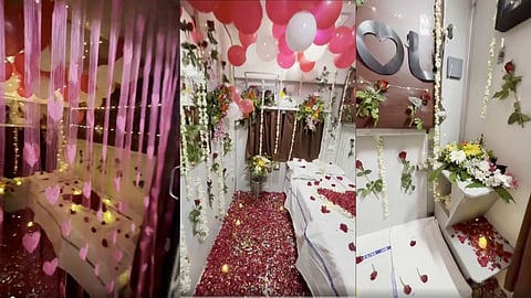AC train coach transformed into a bridal chamber with scattered flowers; TTE suspended | Video