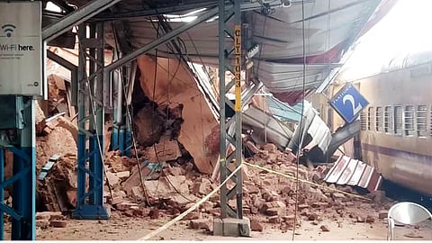The clock tower building at the Kozhikode railway station platform lies in a collapsed state