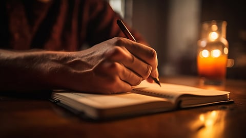 Caucasian man studying literature by candle flame.