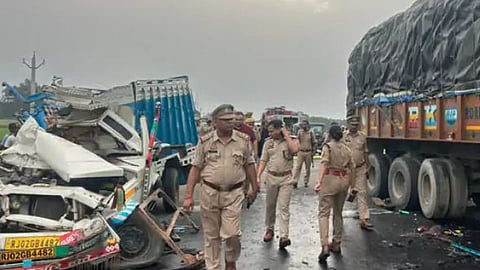 Visuals of the accident involving a collision between a pickup vehicle and a truck in the Kasganj district of Uttar Pradesh.