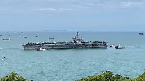 The US aircraft carrier USS Abraham Lincoln anchored at Laem Chabang Port near Pattaya, Thailand.