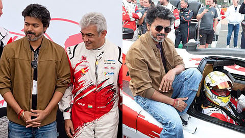 Tamil Nadu Chief Minister Joseph Vijay with actor Ajith Kumar at the racing venue.