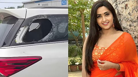 Fans surrounded the car of an actress who arrived for an inauguration; they smashed the window