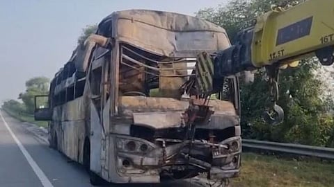 Bus catches fire on the Yamuna Expressway in Greater Noida, UP.