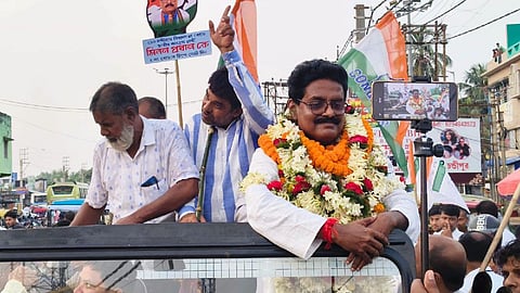 Congress candidate Milan Pradhan campaigns in the Nandigram by-election.