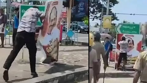 sfi protest kodiyeri balakrishnan flex torn kollam