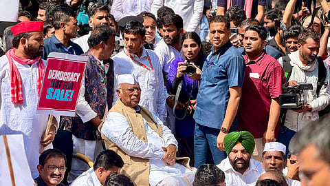 Congress President Mallikarjun Kharge participating in the march to the Election Commission headquarters by MPs of the INDIA alliance.