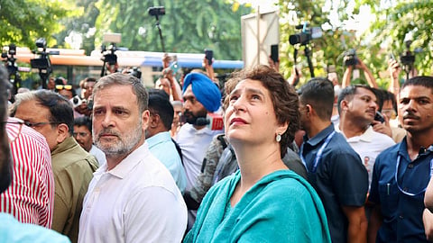 Rahul Gandhi and Priyanka Gandhi participating in a protest in Delhi.