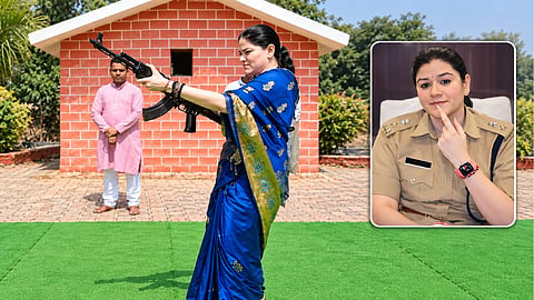 IPS officer Ankita Sharma, wearing a saree and firing an AK-47 rifle.
