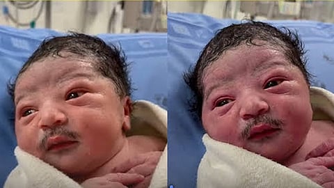 thick mustache at birth—the internet is suspicious of the tiny infant; is it an AI video?