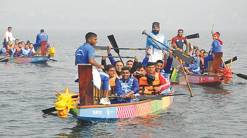 IAS officers with their family members enjoy dragon boat rides  at Upper Lake during the  three-day Madhya Pradesh IAS Officers' Association Service Meet -2023 in Bhopal on Sunday.