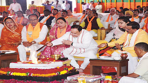 BJP national president JP Nadda along with Chief Minister Shivraj Singh Chouhan and party State president VD Sharma performs bhumi pujan for the proposed new building of the party State 