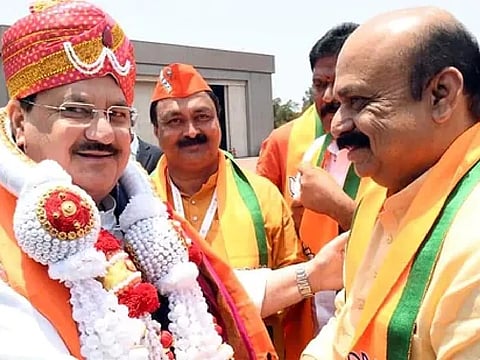 Accompanied by Nadda and Sudeep, CM files nomination amid fanfare in Shiggaon