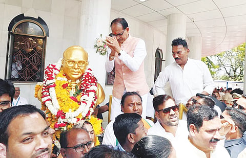Chief Minister Shivraj Singh Chouhan pays tribute to Dr BR Ambedkar  on his 132nd birth anniversary at his birth place in Mhow on Friday.