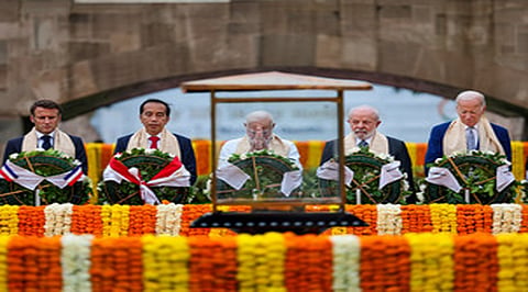 US President Joe Biden along with other World Leaders paying tributes to Mahatma Gandhi at Rajghat