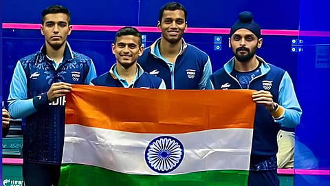 India win gold in men's team squash at the Asian Games 2023.
