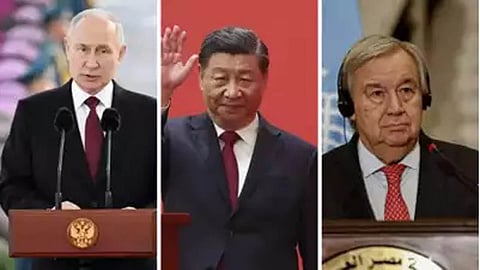 Russian President Vladimir Putin, Chinese President Xi Jinping and UN Secretary-General Antonio Gutteres