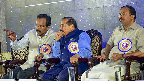 ISRO Chairman S Somanath (L) along with Union Ministers Jithendra Singh and V Muraleedharan (R)