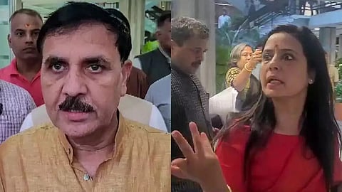 LS Ethics Committee Chairman Vinod Kumar Sonkar (L) and TMC MP Mahua Moitra