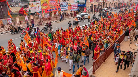 Women take part in a 'Kalash Yatra' ahead of the Shri Ram Janmabhoomi Temple consecration ceremony, in Ayodhya.
