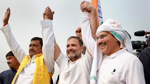 Rahul Gandhi with Adhir Ranjan Chowdhury during the 'Bharat Jodo Nyaya Yatra' in Katihar, Bihar
