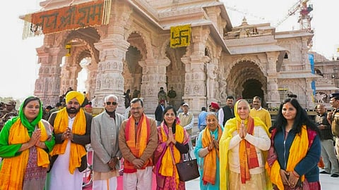 Arvind Kejriwal and Bhagwant Mann during their visit to the Ram Temple in Ayodhya.